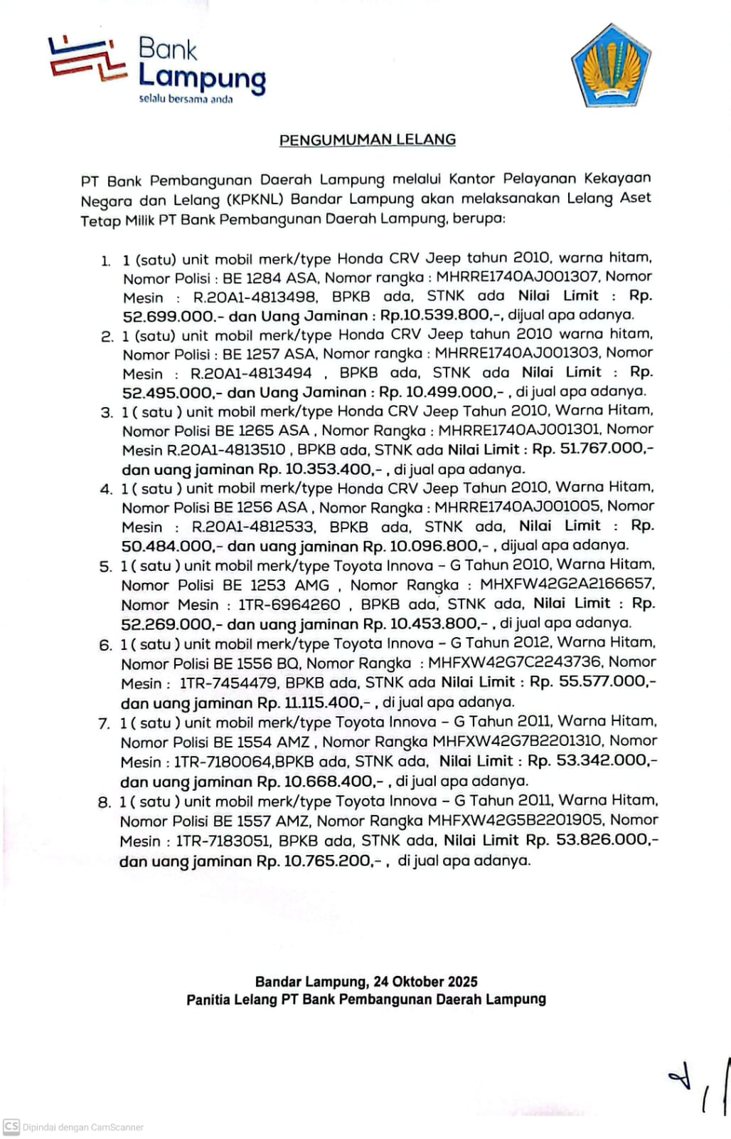 Pengumuman Lelang Aset Tetap Milik Bank Pembangunan Daerah Lampung