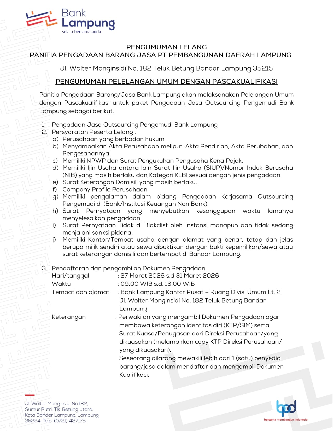 PENGUMUMAN LELANG PANITIA PENGADAAN BARANG JASA PT PEMBANGUNAN DAERAH LAMPUNG